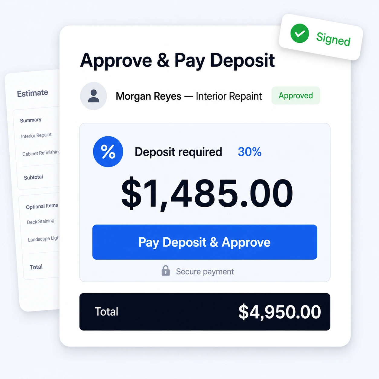 Customer paying a deposit to approve an estimate