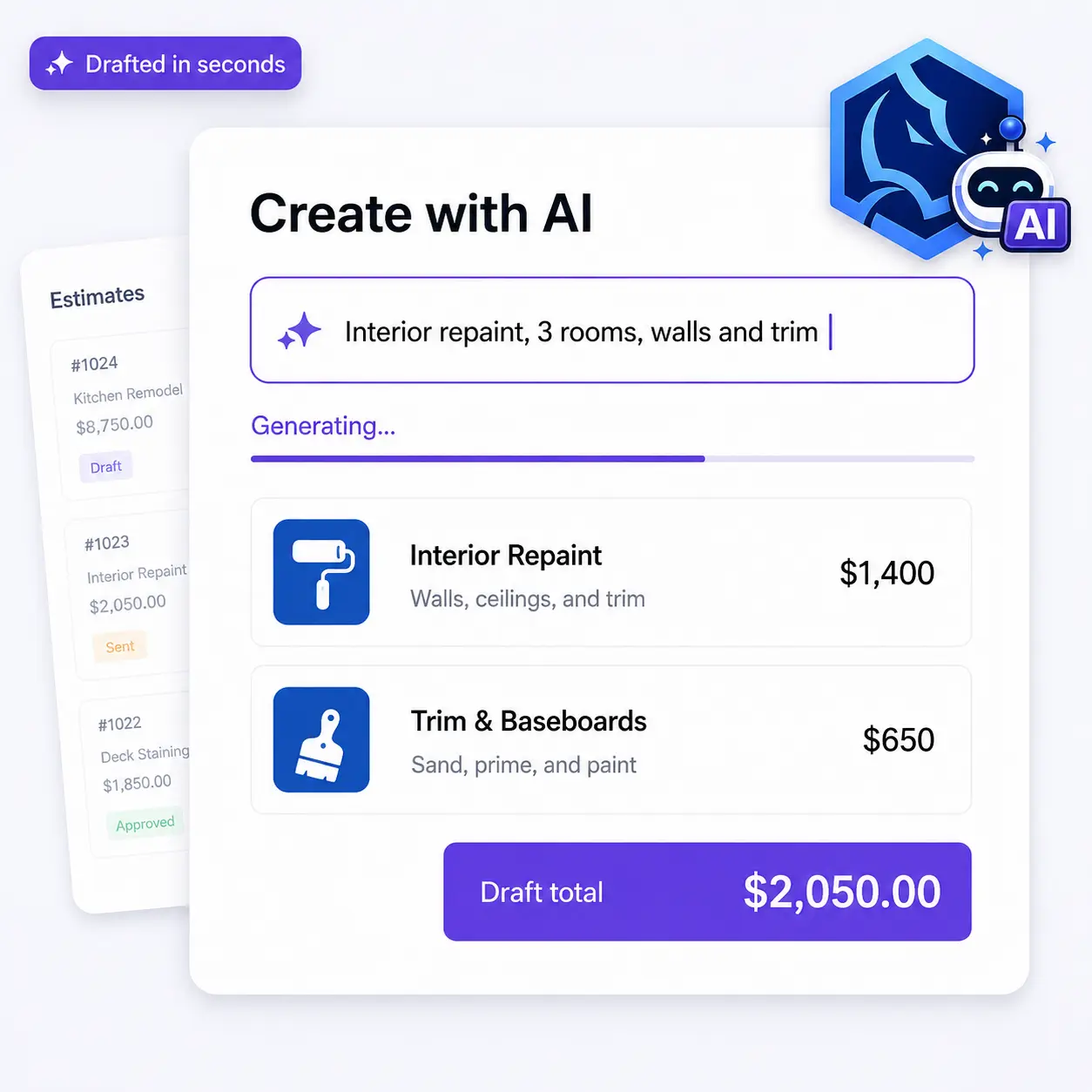 The AI Estimate Generator drafting a complete estimate