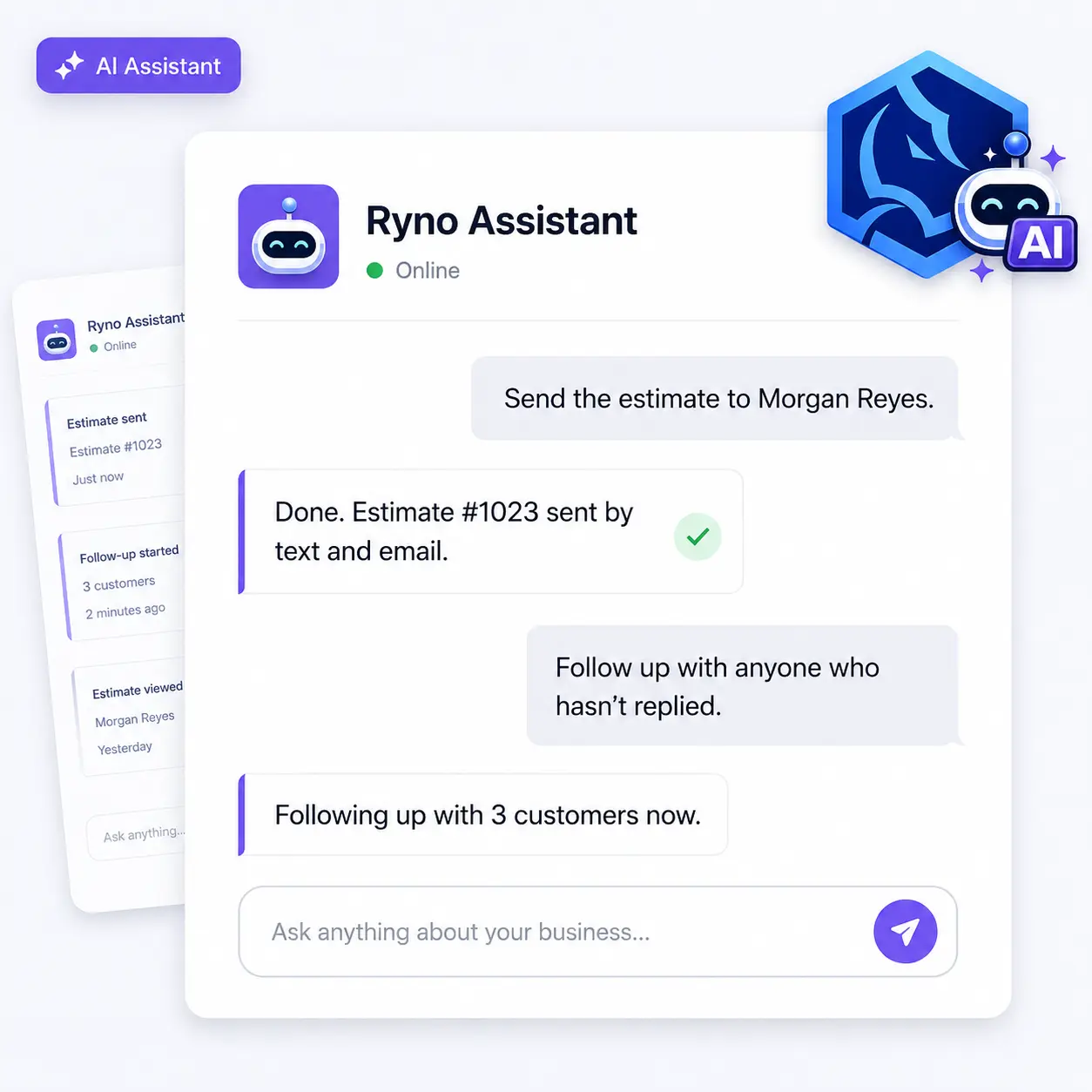 Ryno Assistant sending an estimate to a customer