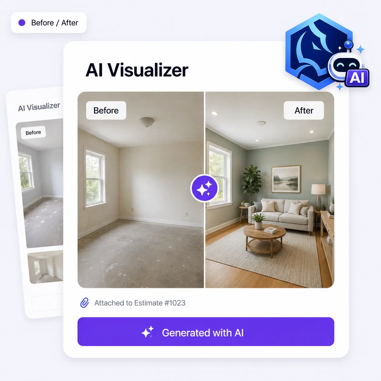 An AI Visualizer before and after preview attached to an estimate