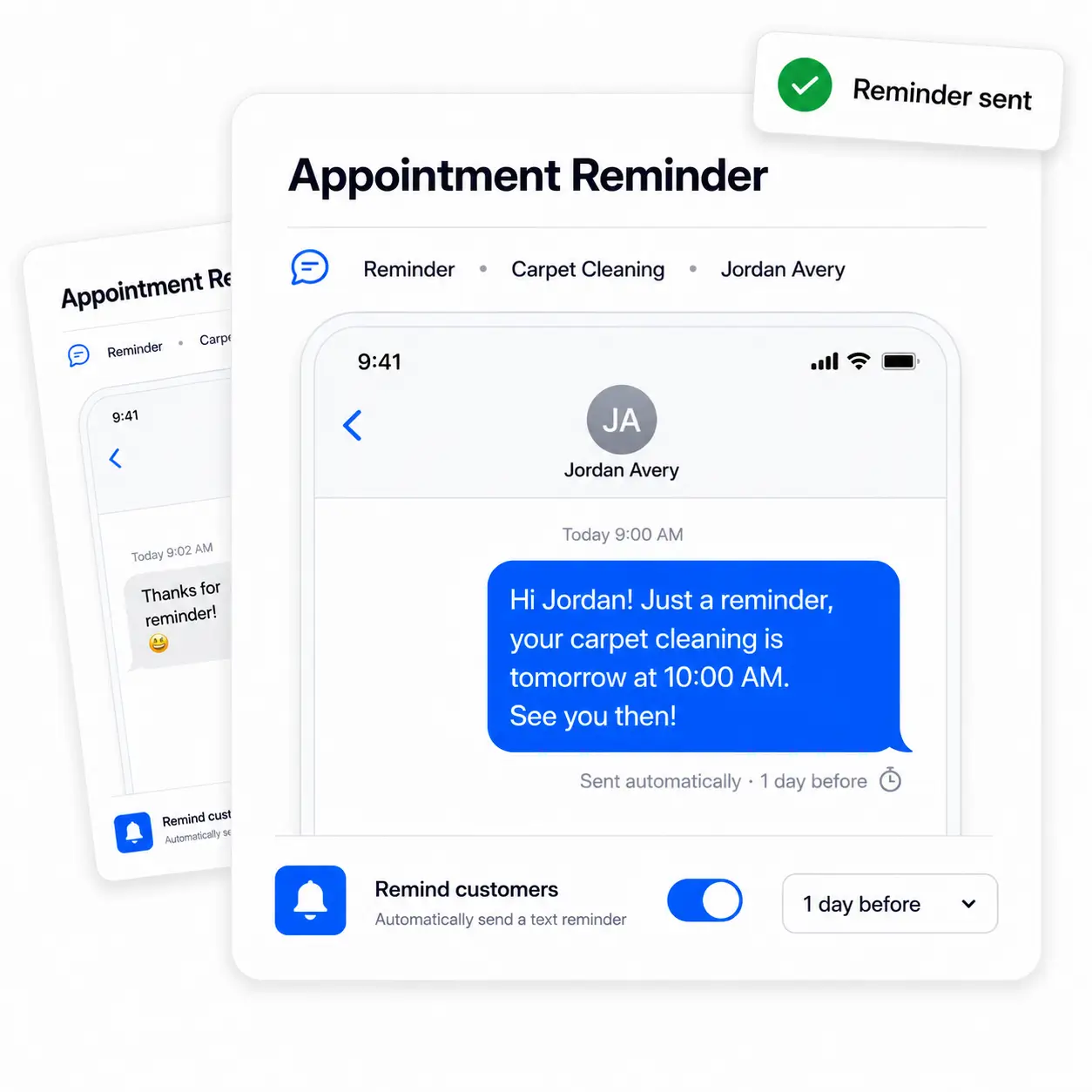 An automatic appointment reminder text sent to a customer