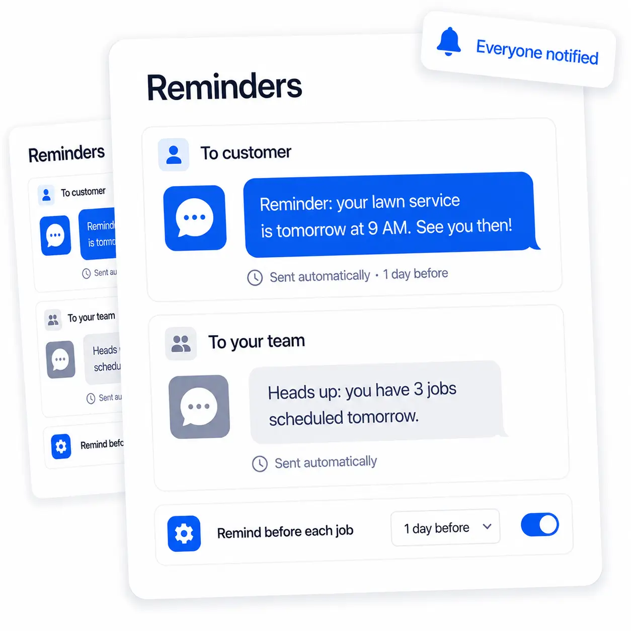 Automatic reminders to customers and team before jobs