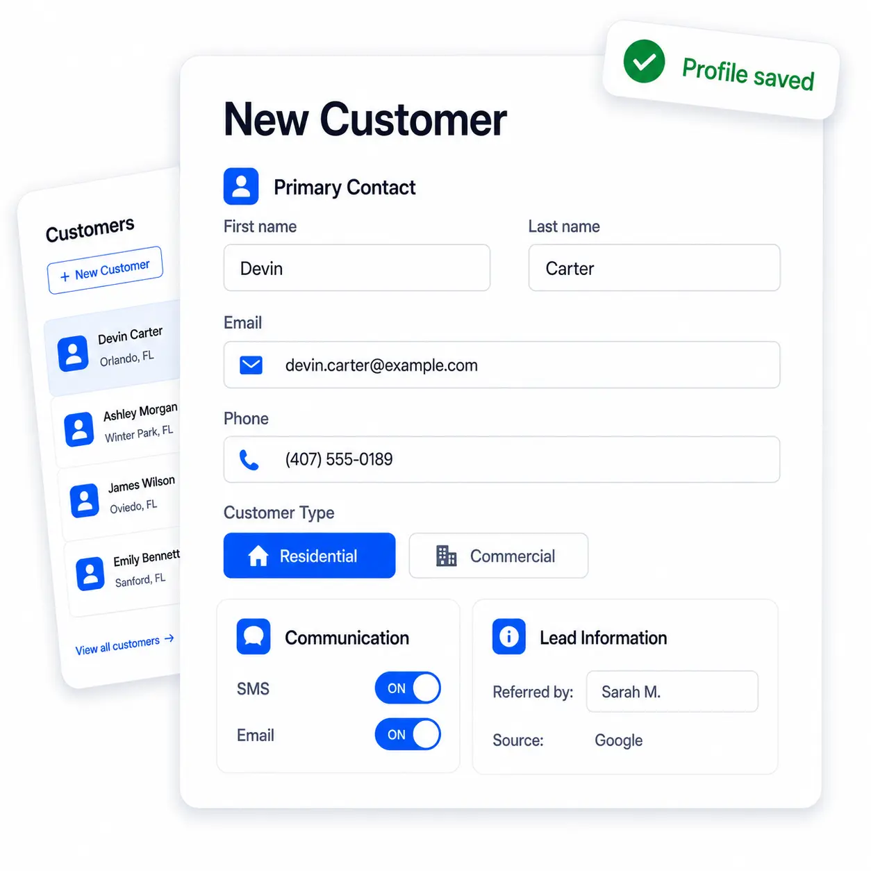A customer profile with contact details and history