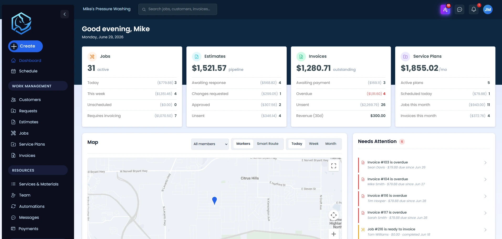The RynoSuite dashboard showing jobs, estimates, invoices, the map, and what needs attention