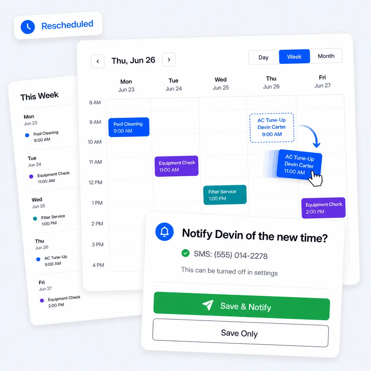Dragging a job to a new time and notifying the customer