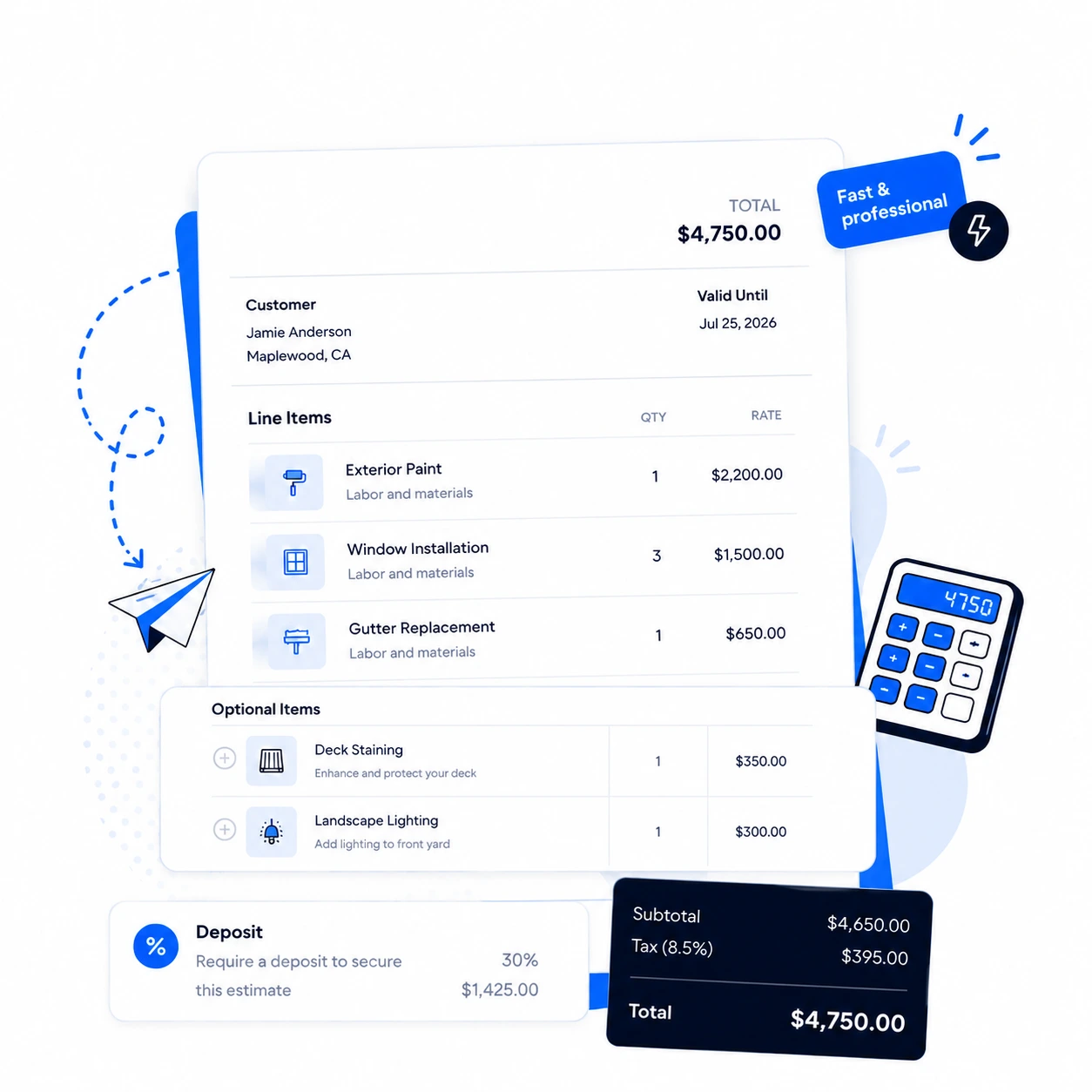 Estimate builder with line items and totals