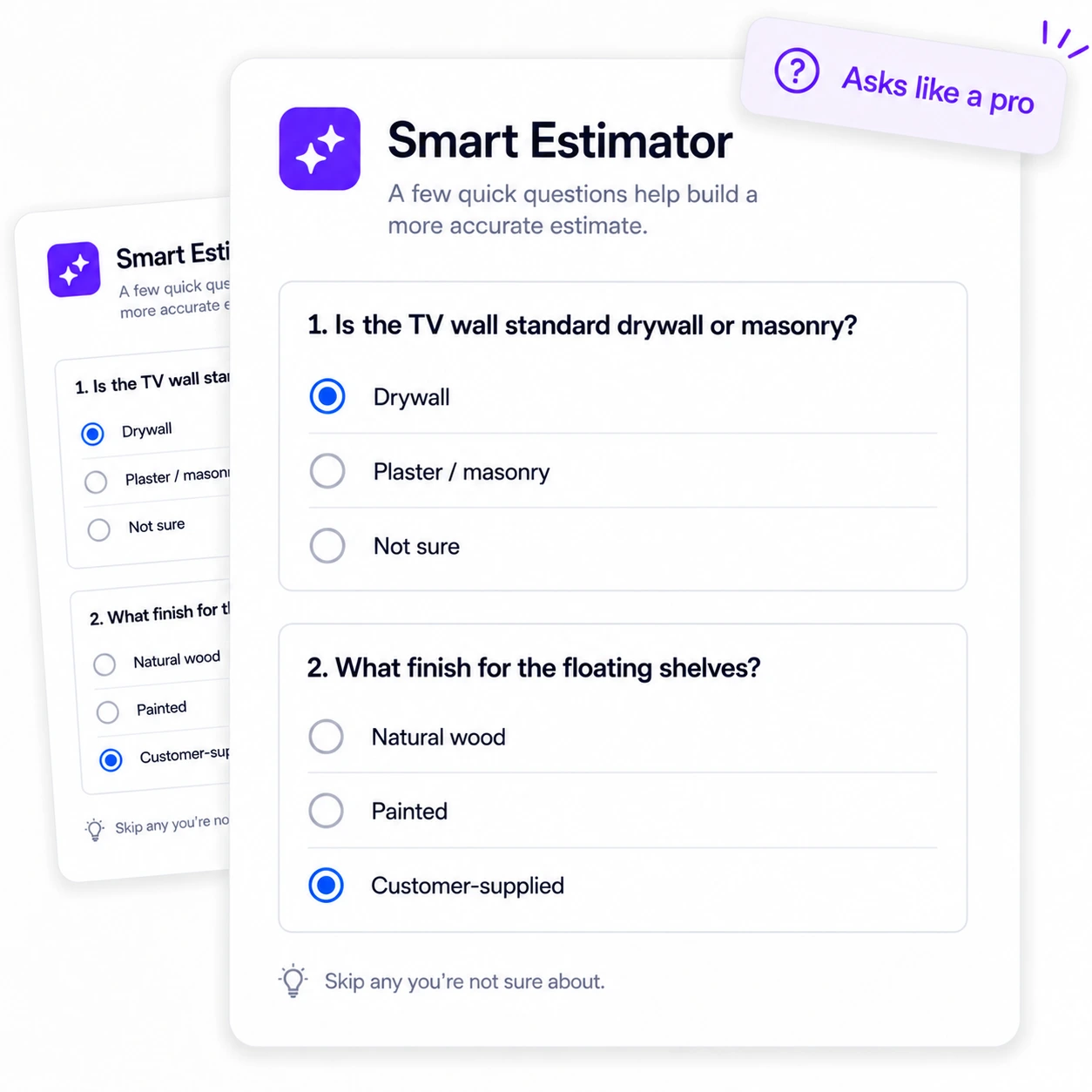 The AI Estimator asking clarifying questions before suggesting line items