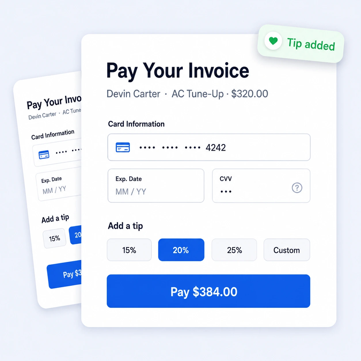 A customer paying an invoice online and adding a tip
