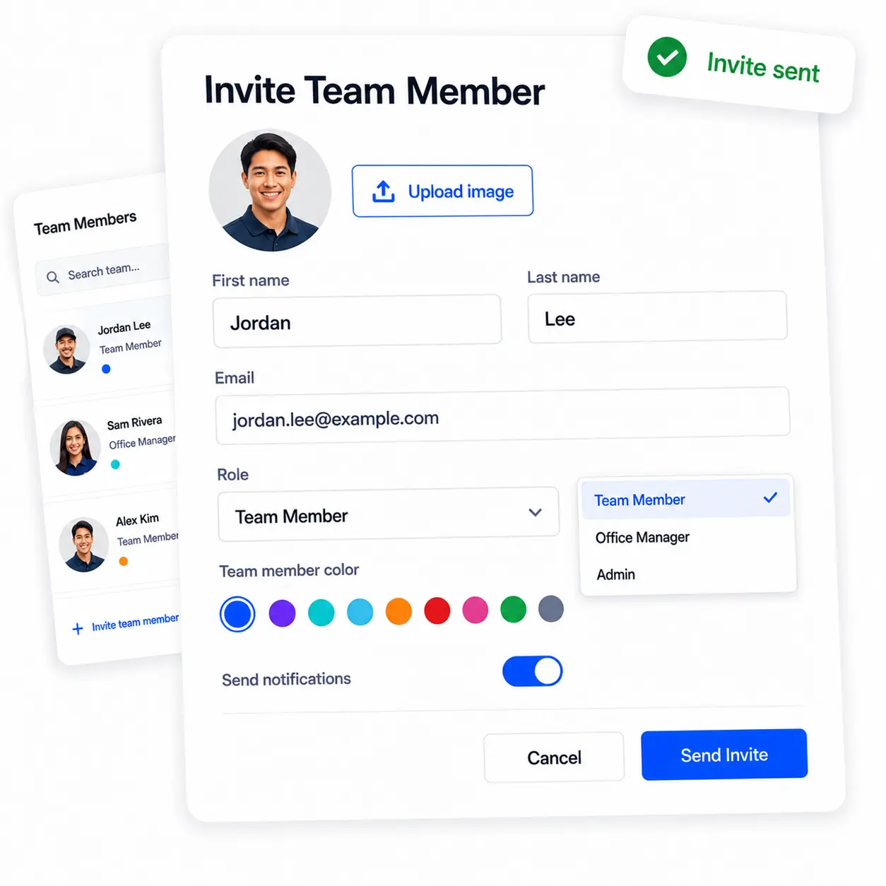 Inviting a team member with a role and color