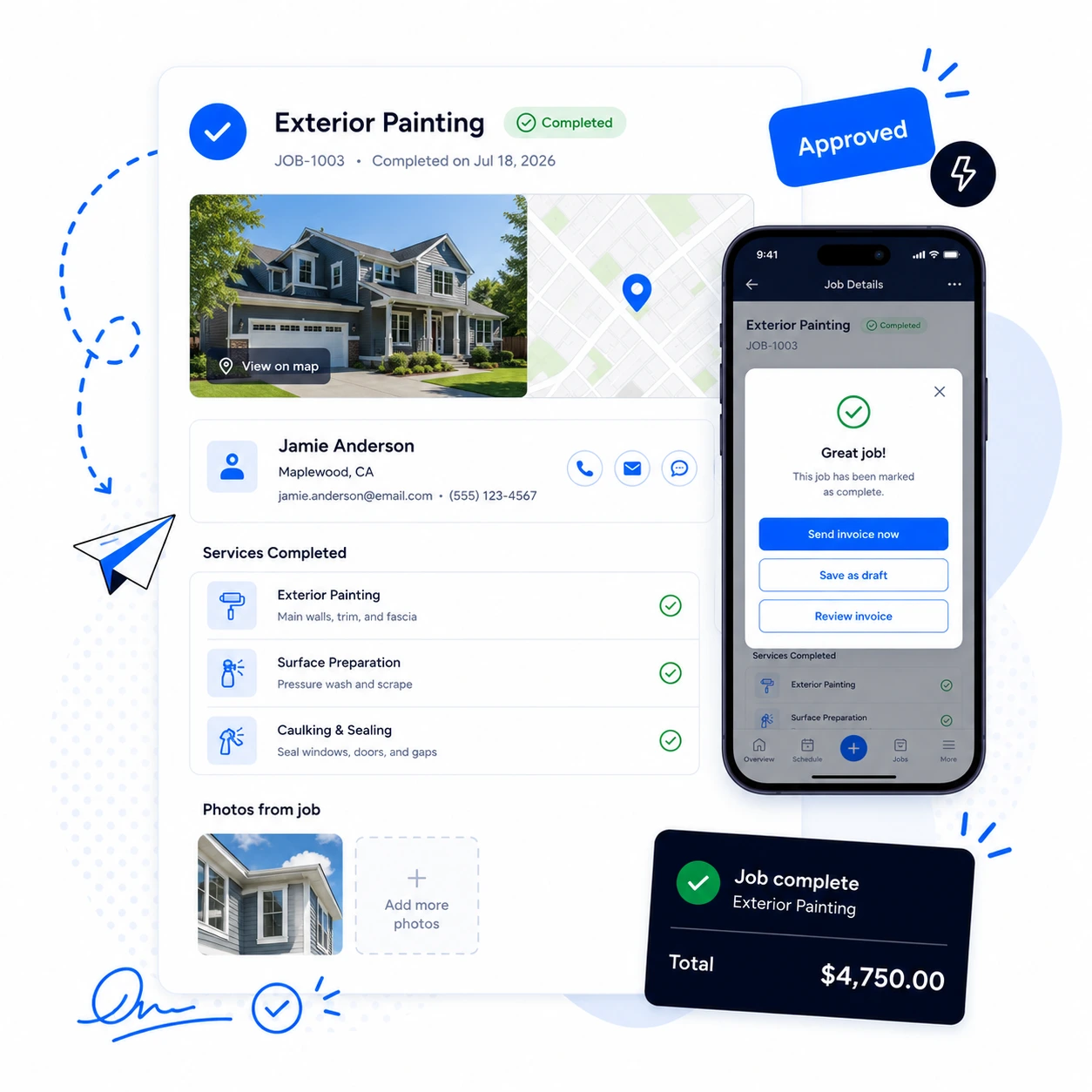 Completed project with approval and job details