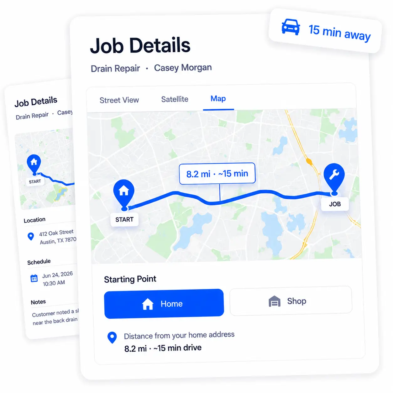 A job showing its distance and drive time from your starting point