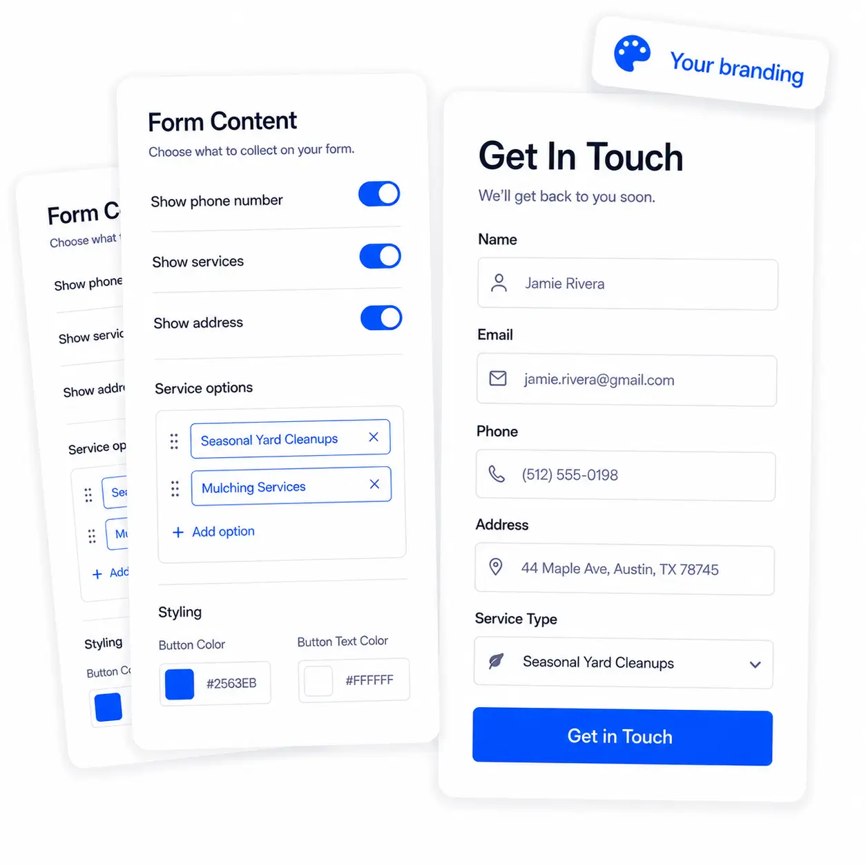 Customizing the lead form's fields, services, and colors