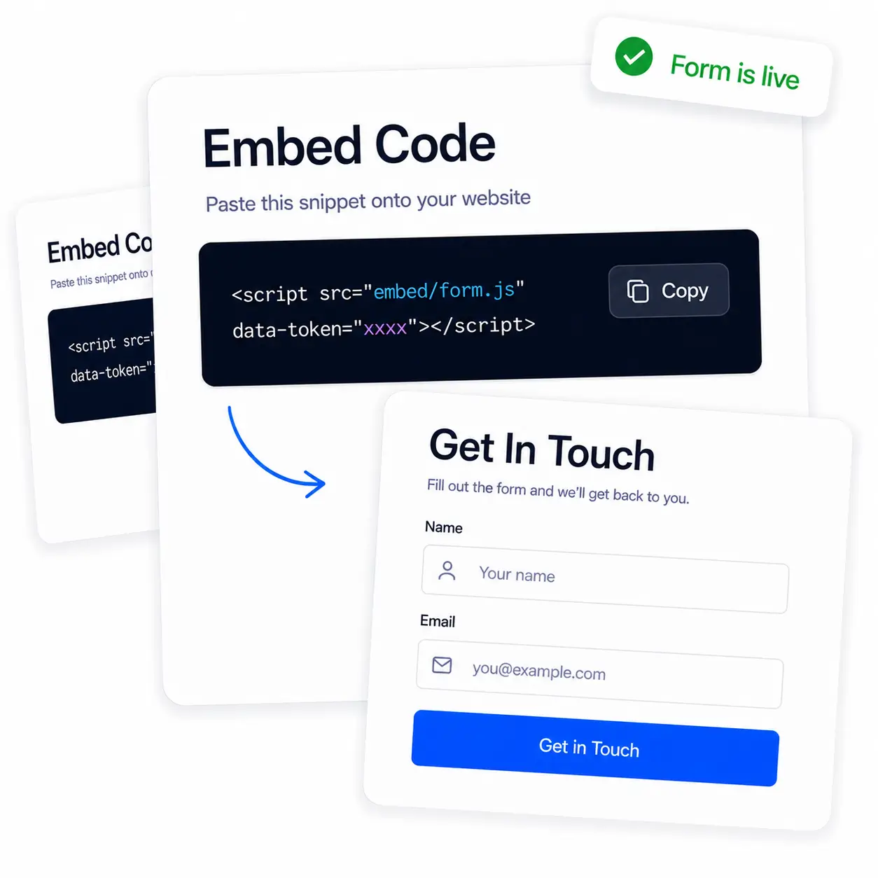 A one-line embed snippet and the live lead form it creates