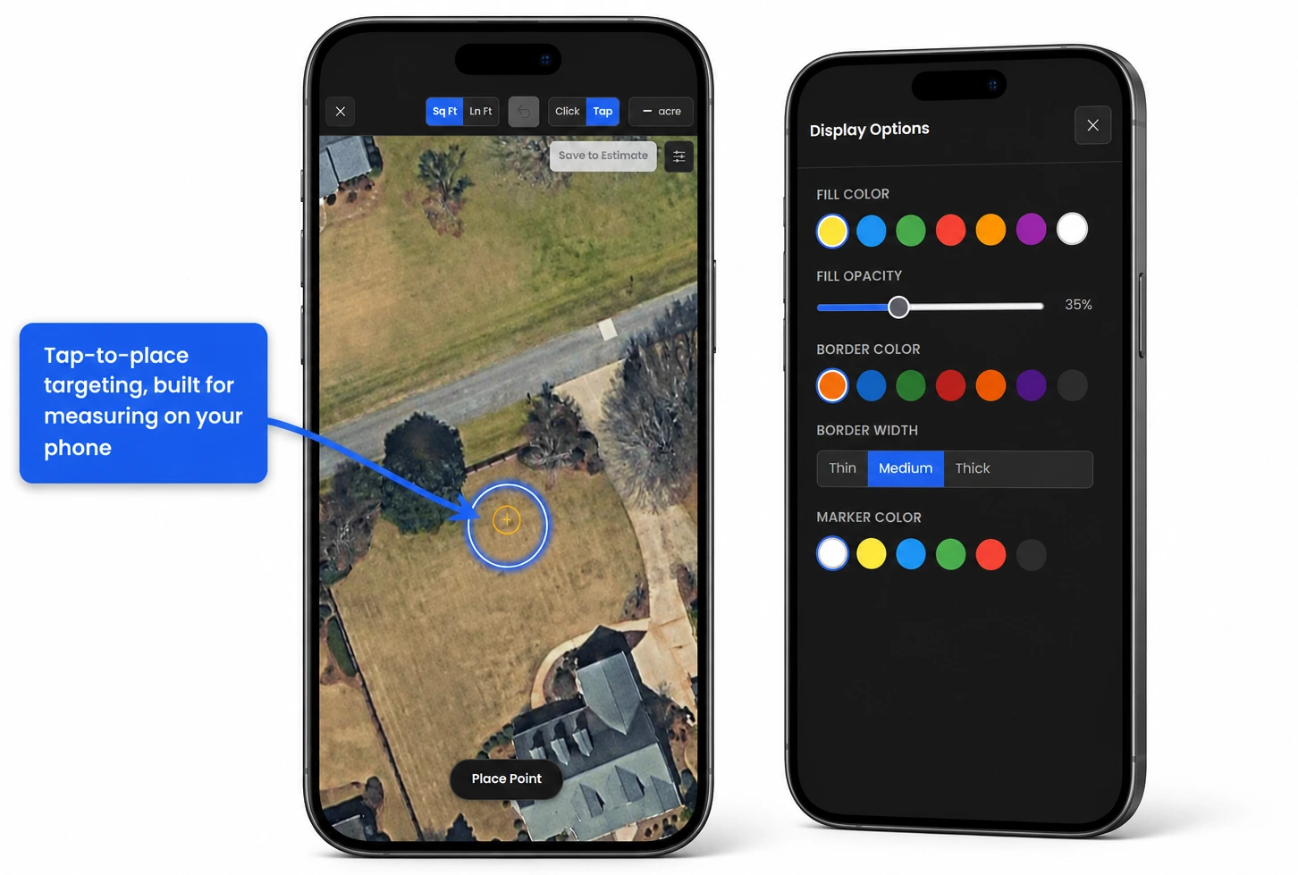 Ryno Map Pro mobile measuring mode with tap-to-place targeting and display options