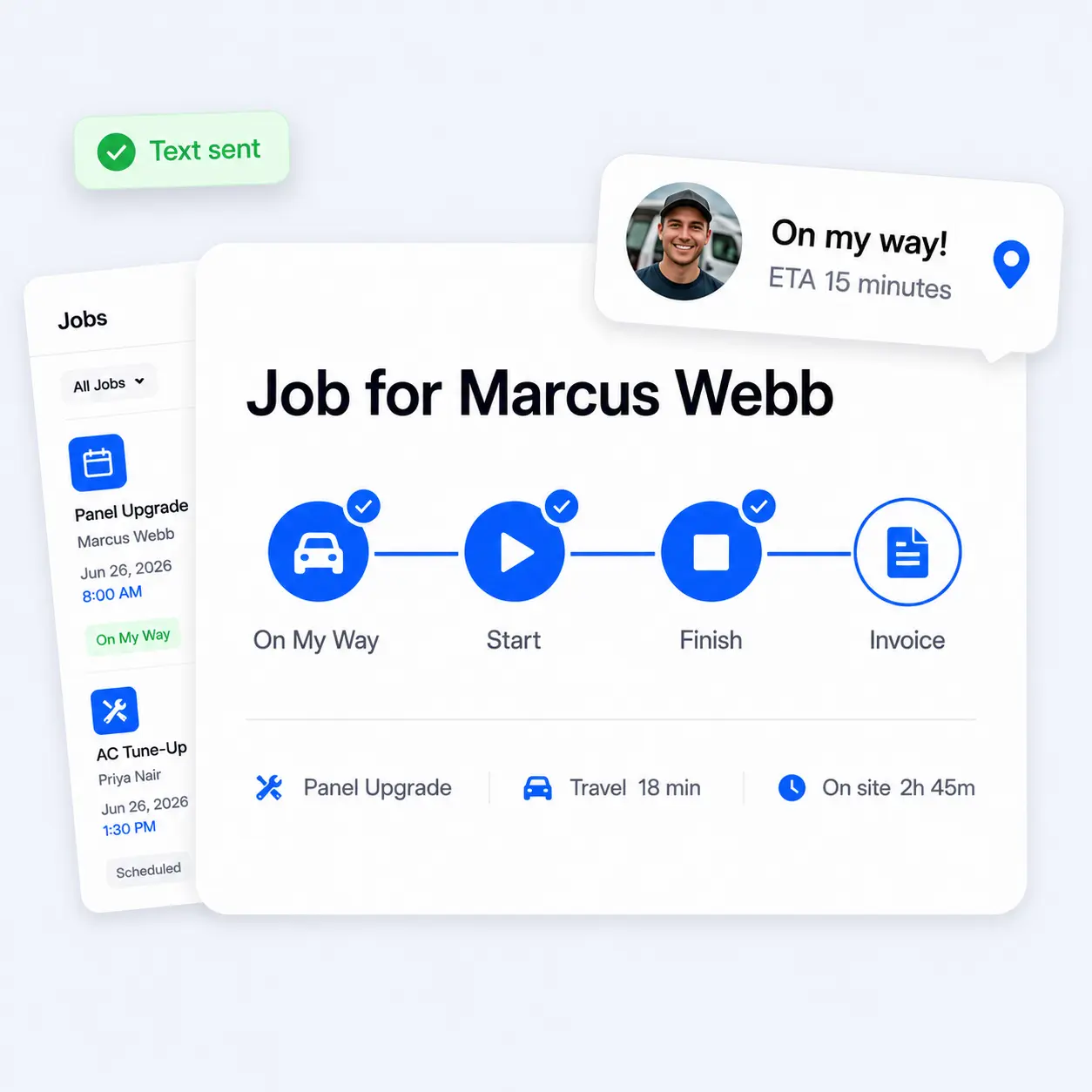 On-my-way text with technician photo and a job timeline