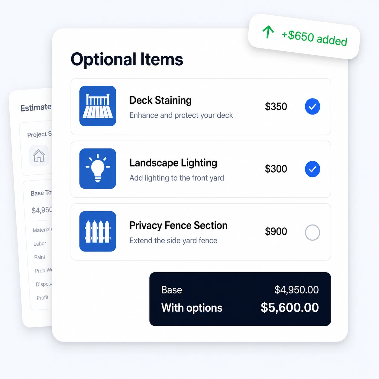 Optional line items a customer can add to an estimate