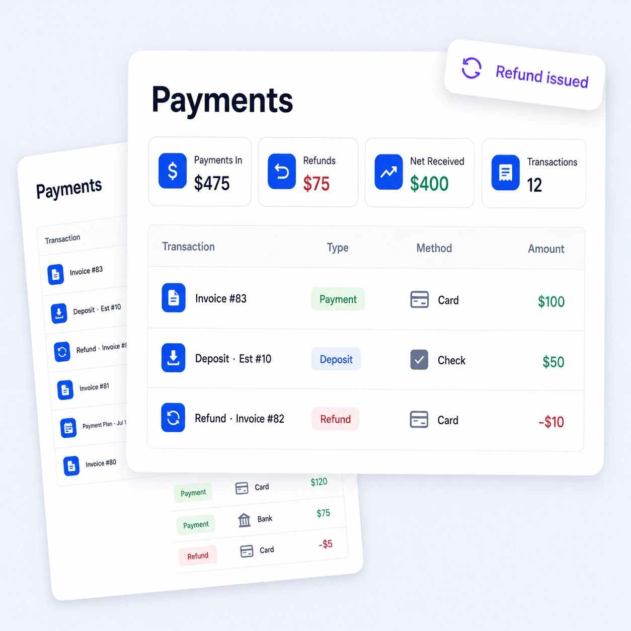 A payments page showing payments, refunds, and deposits