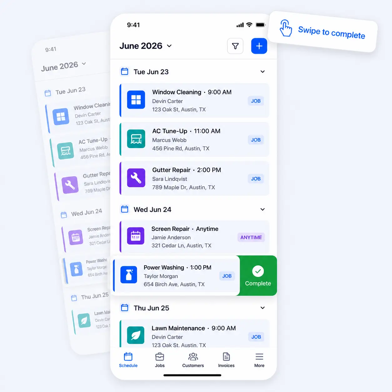 Mobile agenda view with swipe actions