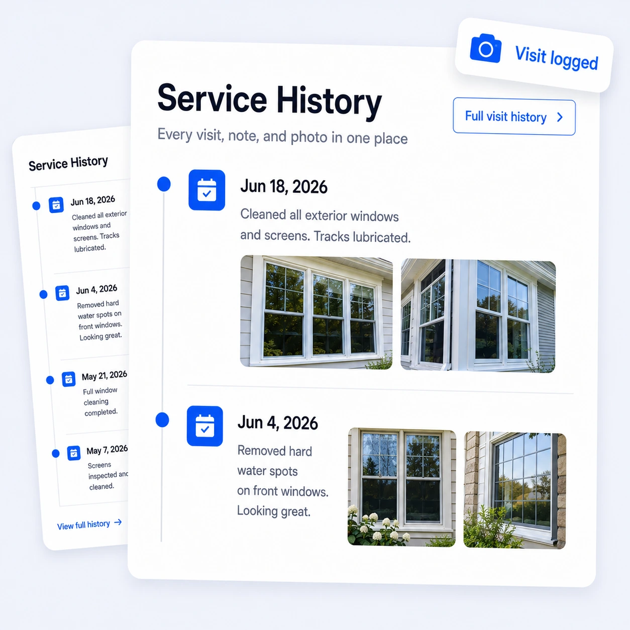 A timeline of past service visits with notes and photos
