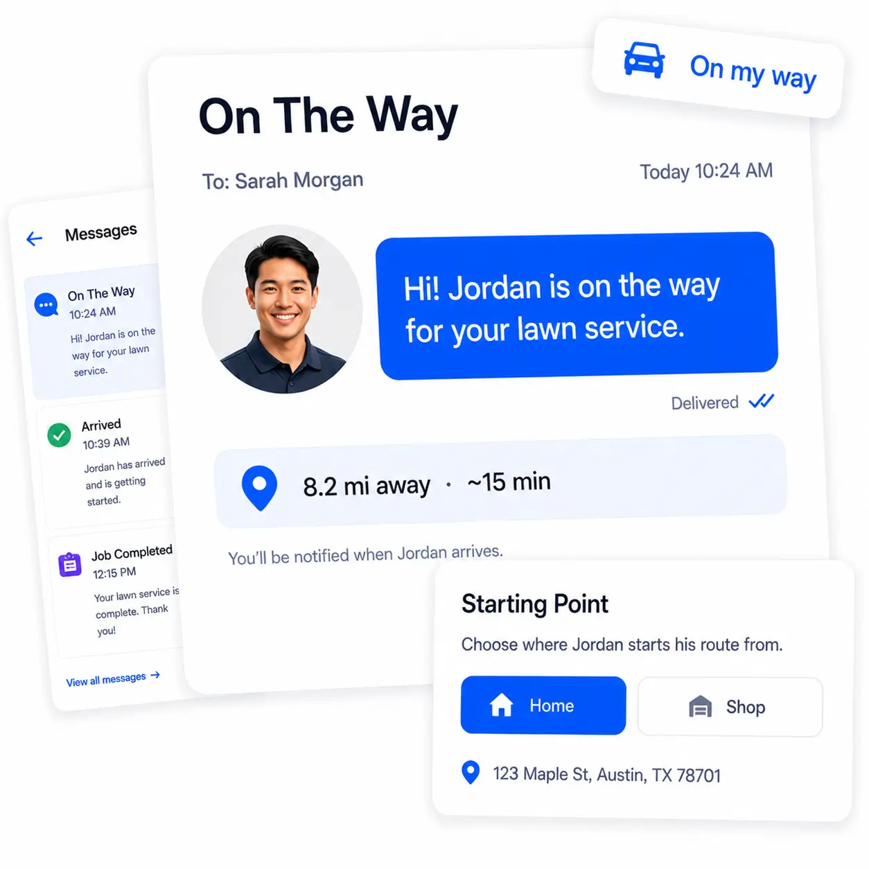 An on-my-way text with a team member's photo and job distance