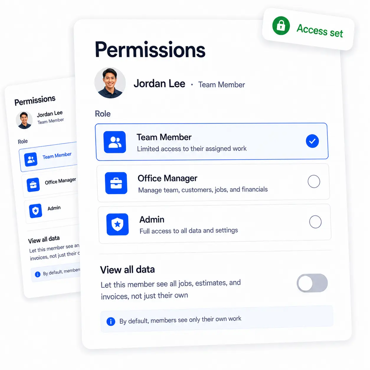 Setting a team member's role and data access