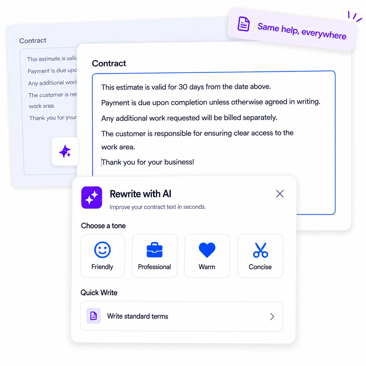 AI writing assistance on a contract field within an estimate