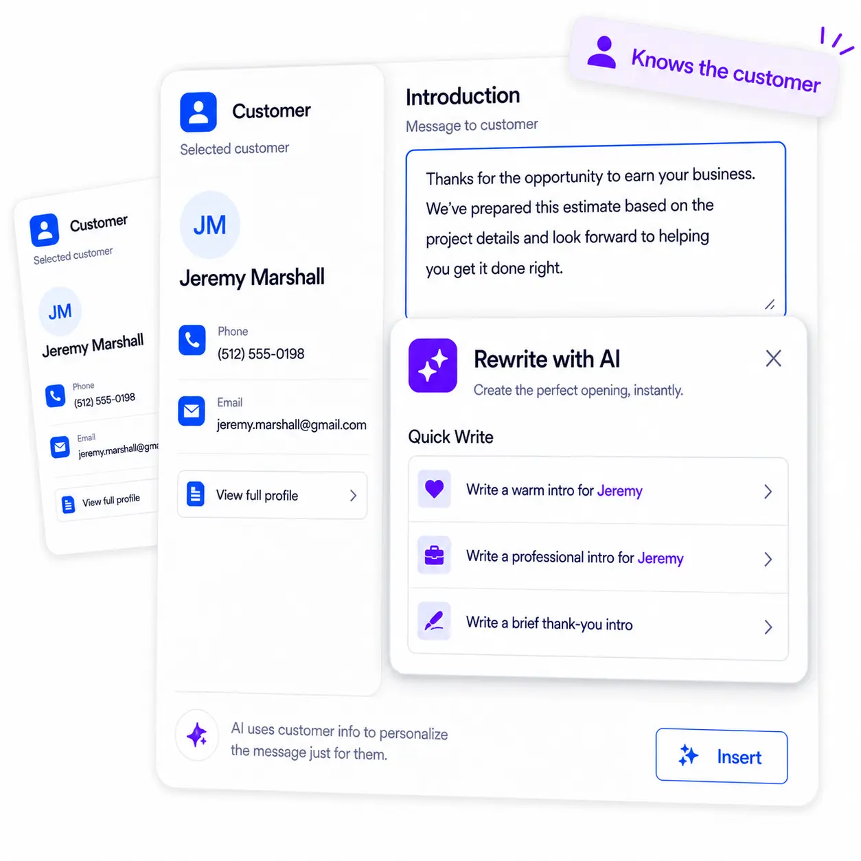 AI writing a customer introduction that includes the selected customer's name